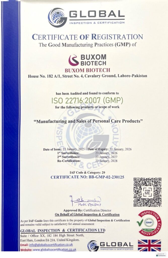 BUXOM GMP CERTIFICATE